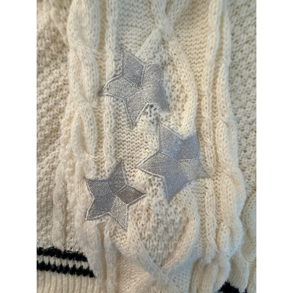 Cream/Black Fisherman Chunky Oversized Cable Knit Star Cardigan Sweater Women XS - Picture 5 of 7